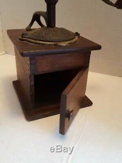 Vintage Wood & Metal Antique Hand Crank Coffee Grinder WithOrg. Tin & Wood Cup