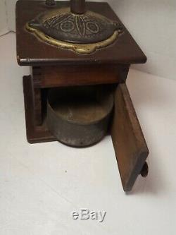 Vintage Wood & Metal Antique Hand Crank Coffee Grinder WithOrg. Tin & Wood Cup