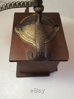 Vintage Wood & Metal Antique Hand Crank Coffee Grinder WithOrg. Tin & Wood Cup