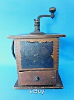 Vintage Wooden Coffee Grinder Unique Side Handle Working Condition