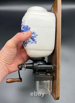 Vintage coffee mill, antique wall blue Delft windmill ceramic coffee grinder