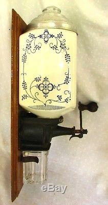 WALL MOUNT COFFEE GRINDER ANTIQUE HARKANA BLUE & WHITE ORIG. CATCH CUP c. 1900