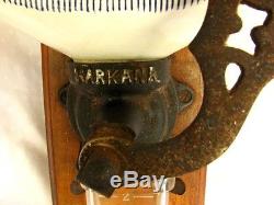 WALL MOUNT COFFEE GRINDER ANTIQUE HARKANA BLUE & WHITE ORIG. CATCH CUP c. 1900