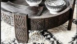 Wooden Antique Round Carving Coffee Table Grinder Table, Indian Food stand Table