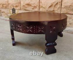 Wooden Coffee Table Hand Made Craved Round Indian Grinder Table Chakki Table Art