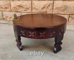 Wooden Coffee Table Hand Made Craved Round Indian Grinder Table Chakki Table Art