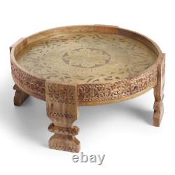 Wooden Indian Round Brass Cutting Punching Antique Grinder Coffee Table