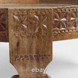 Wooden Indian Round Brass Cutting Punching Antique Grinder Coffee Table